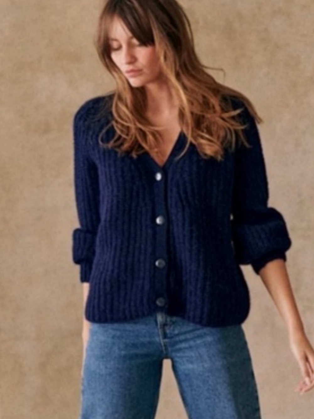 Sezane Navy Ribbed Button-Up V-Neck Cardigan